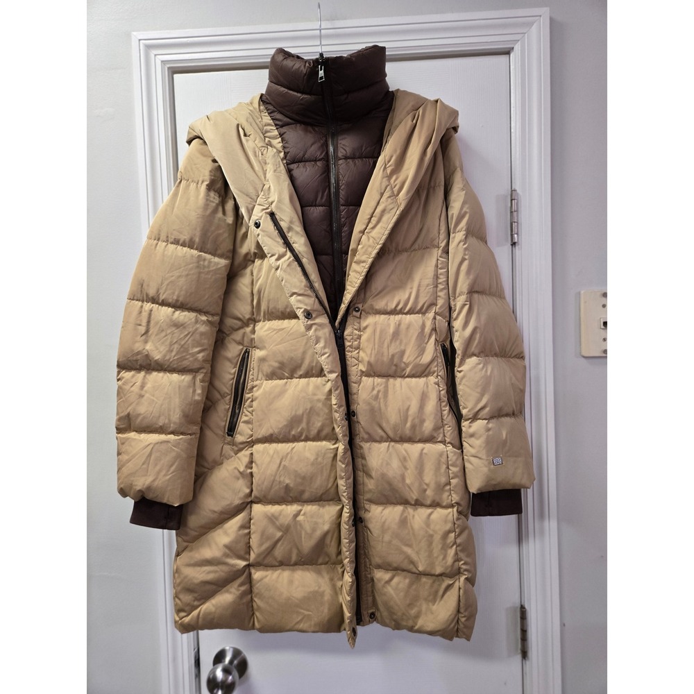 Soia & Kyo Tan Brown Layered Hooded Down Puffer Coat Parka S Petite